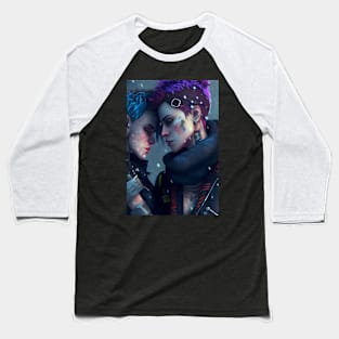 Futuristic Cyberpunk Lesbian Lovers Embrace in Emotional Portrait Baseball T-Shirt